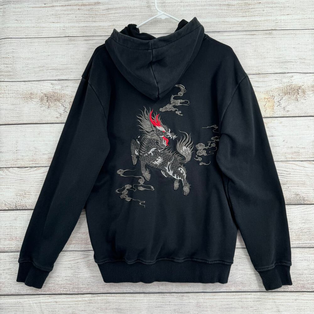 Japanese‎ Dragon Horse Embroidered Hoodie Sweatshirt Adult Large Black